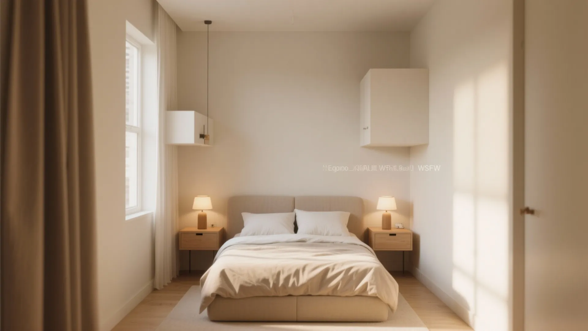 Modern minimalist bedroom with beige bed two wooden side tables small lamps and white wall cabinets