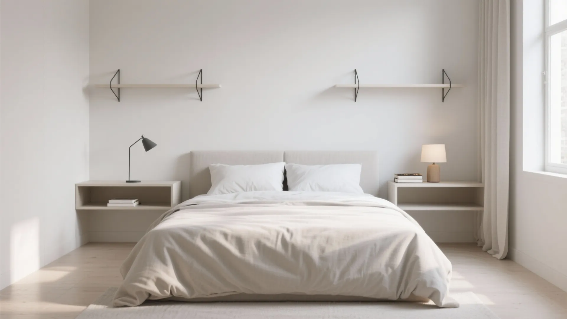 Minimalist white bedroom featuring symmetrical wall mounted nightstands with desk lamps and floating wall shelves