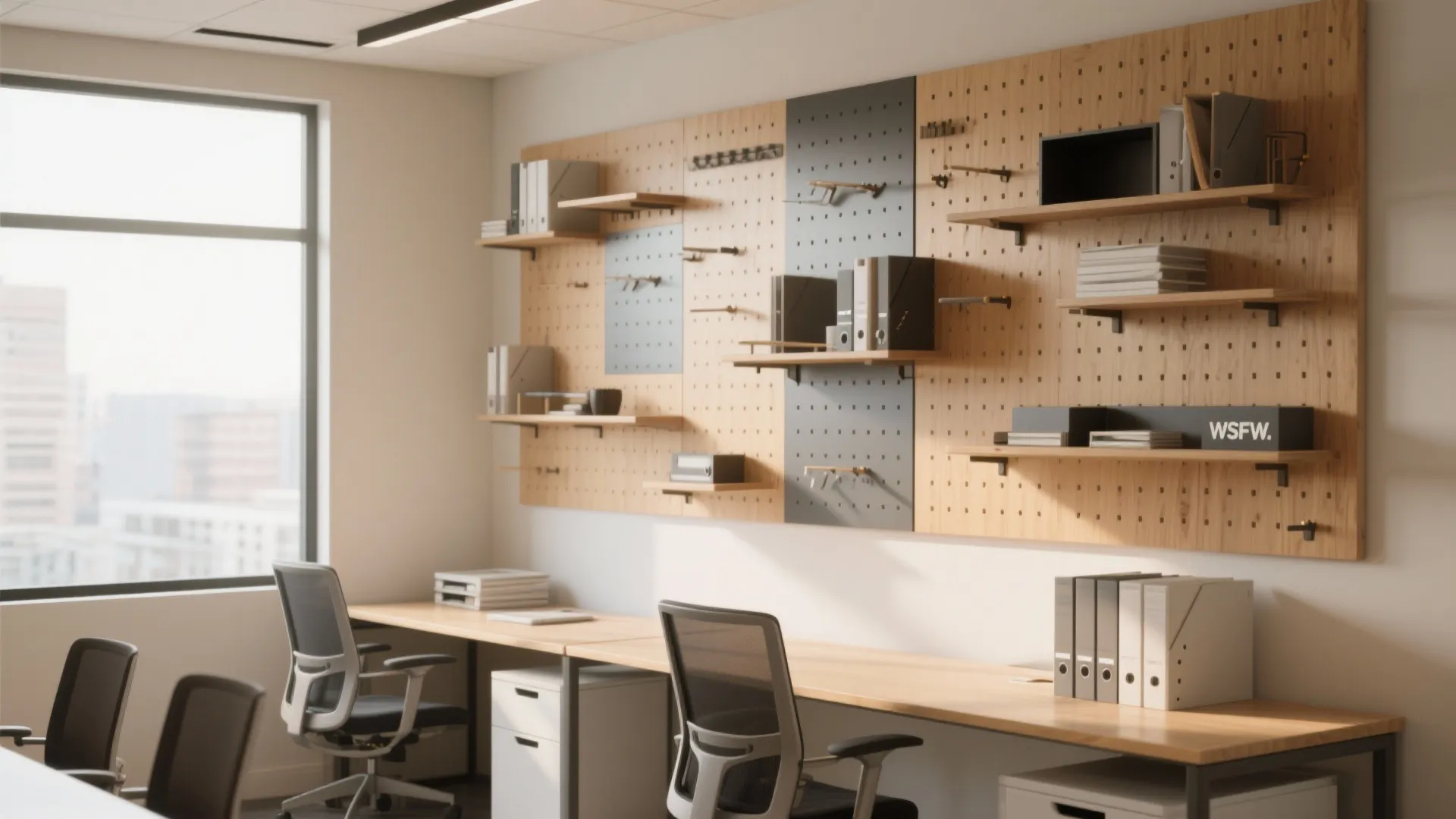 Office with wall-mounted shelves and pegboard above desk