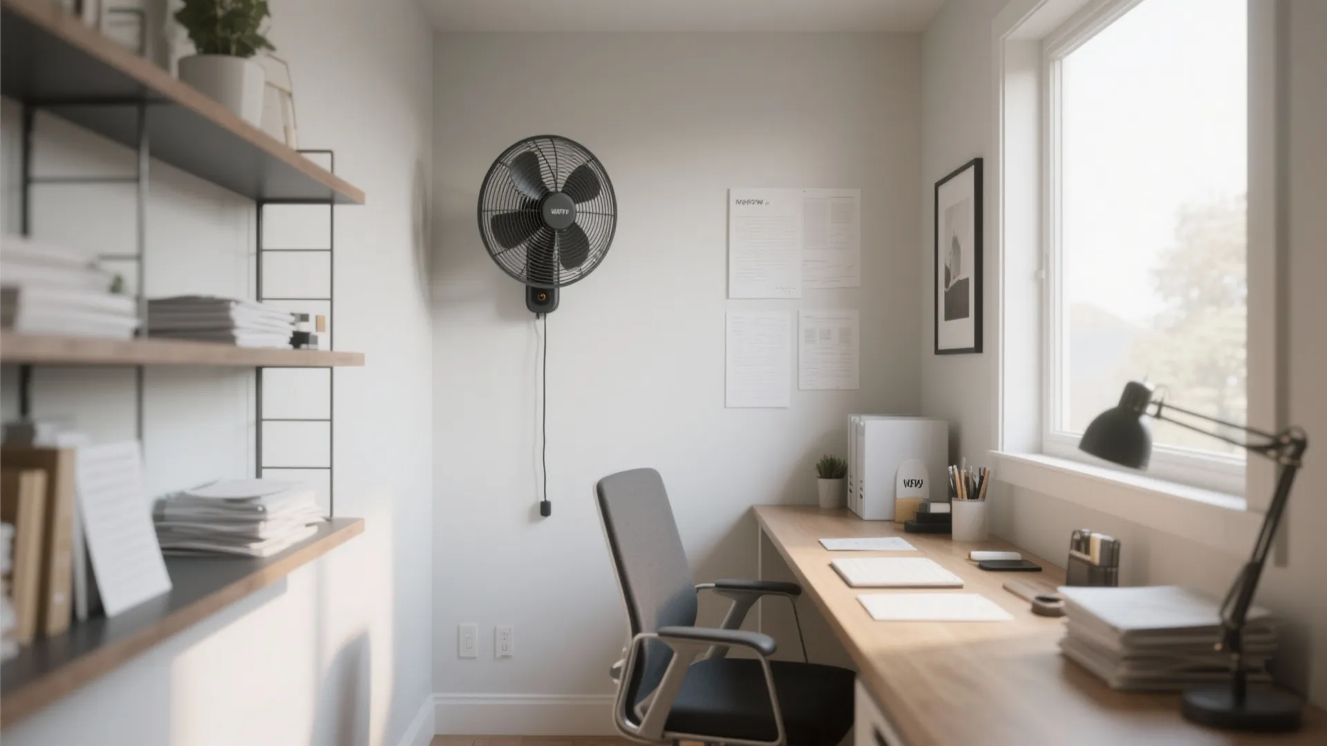 Black wall fan in minimalist home office with wooden desk grey chair and white shelves