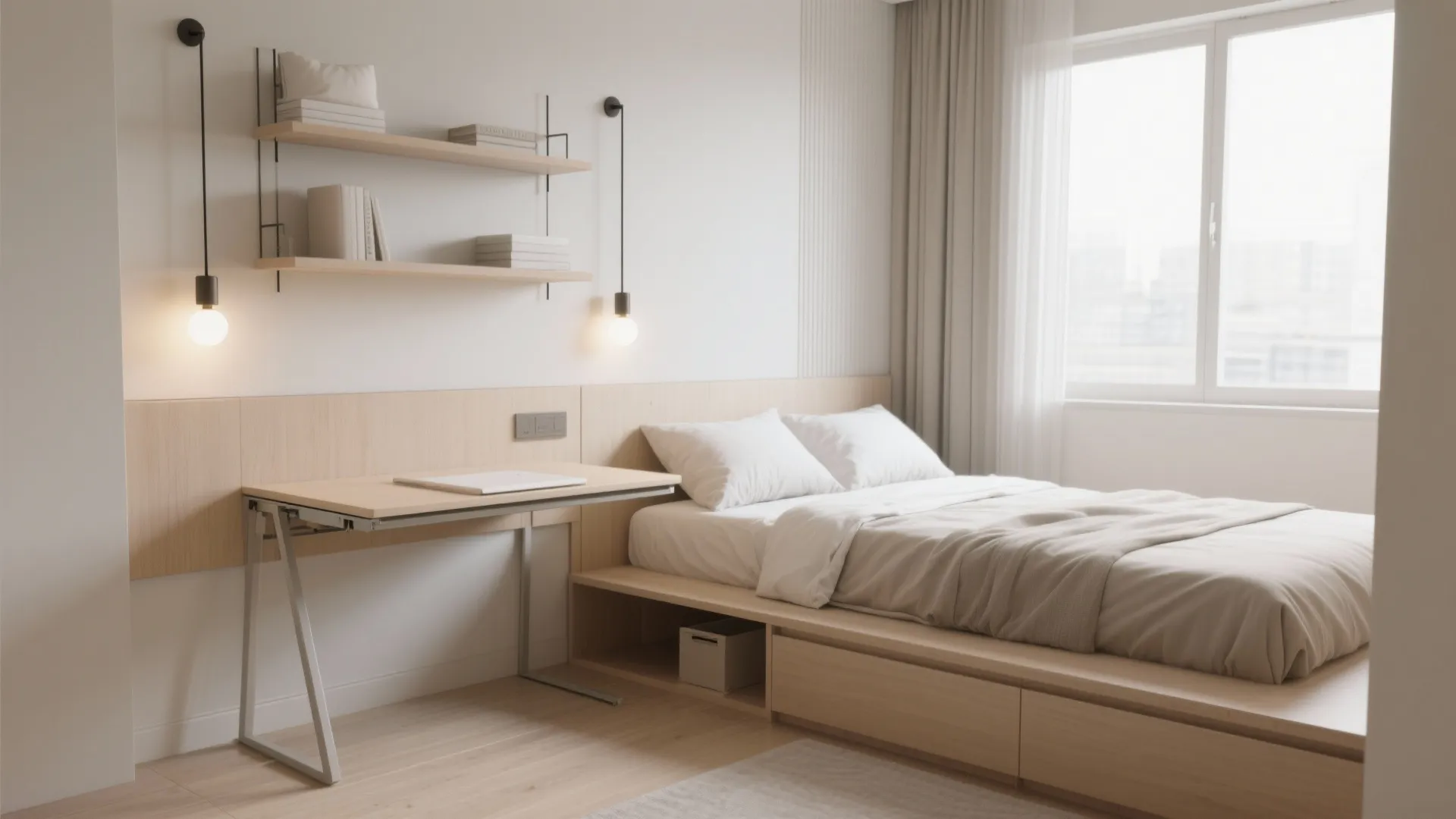Compact bedroom with wall-mounted night shelves, sconces, fold-down desk and slim bench to save floor space.