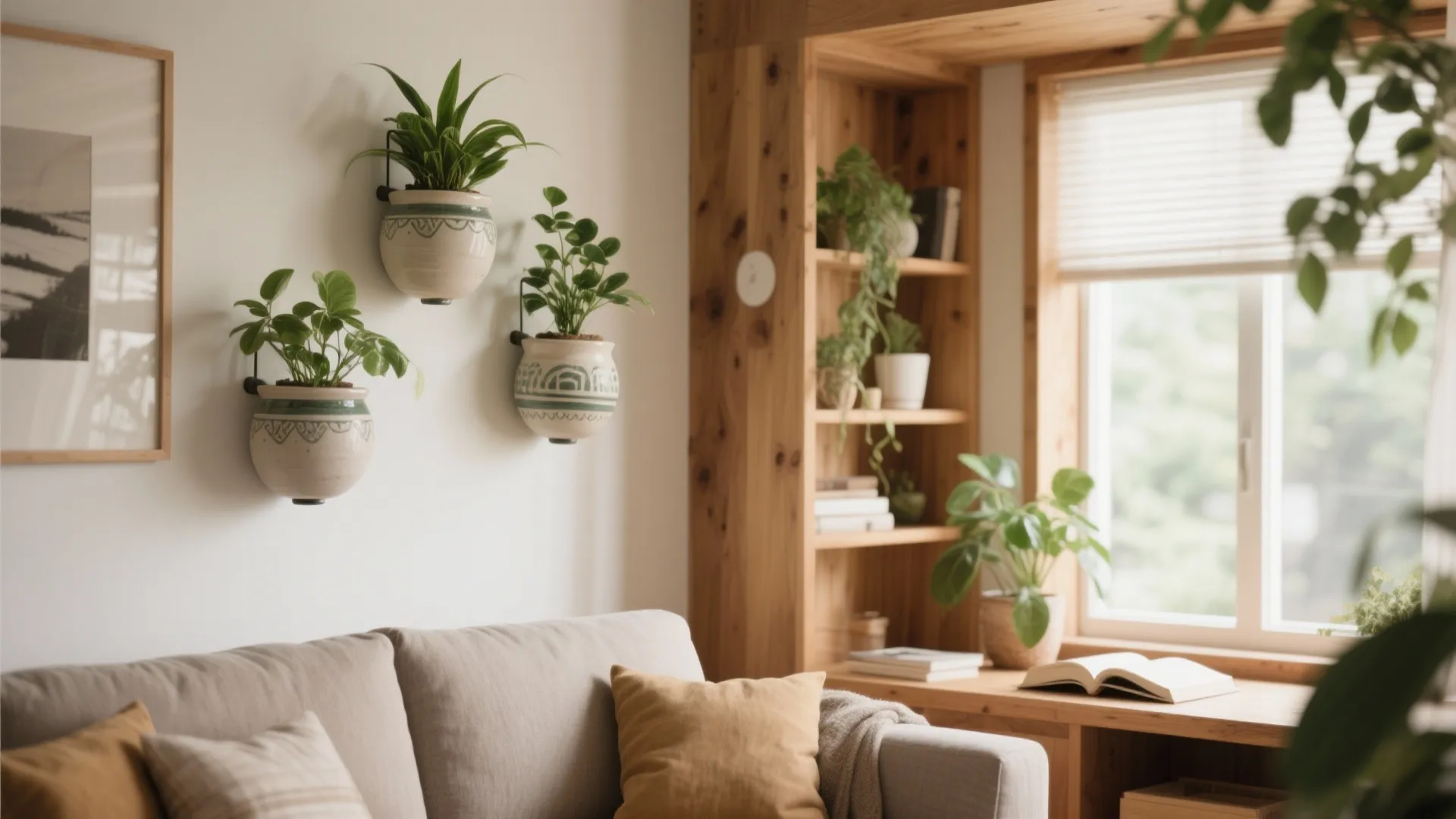 Ceramic wall-mounted planters with greenery in reading corner