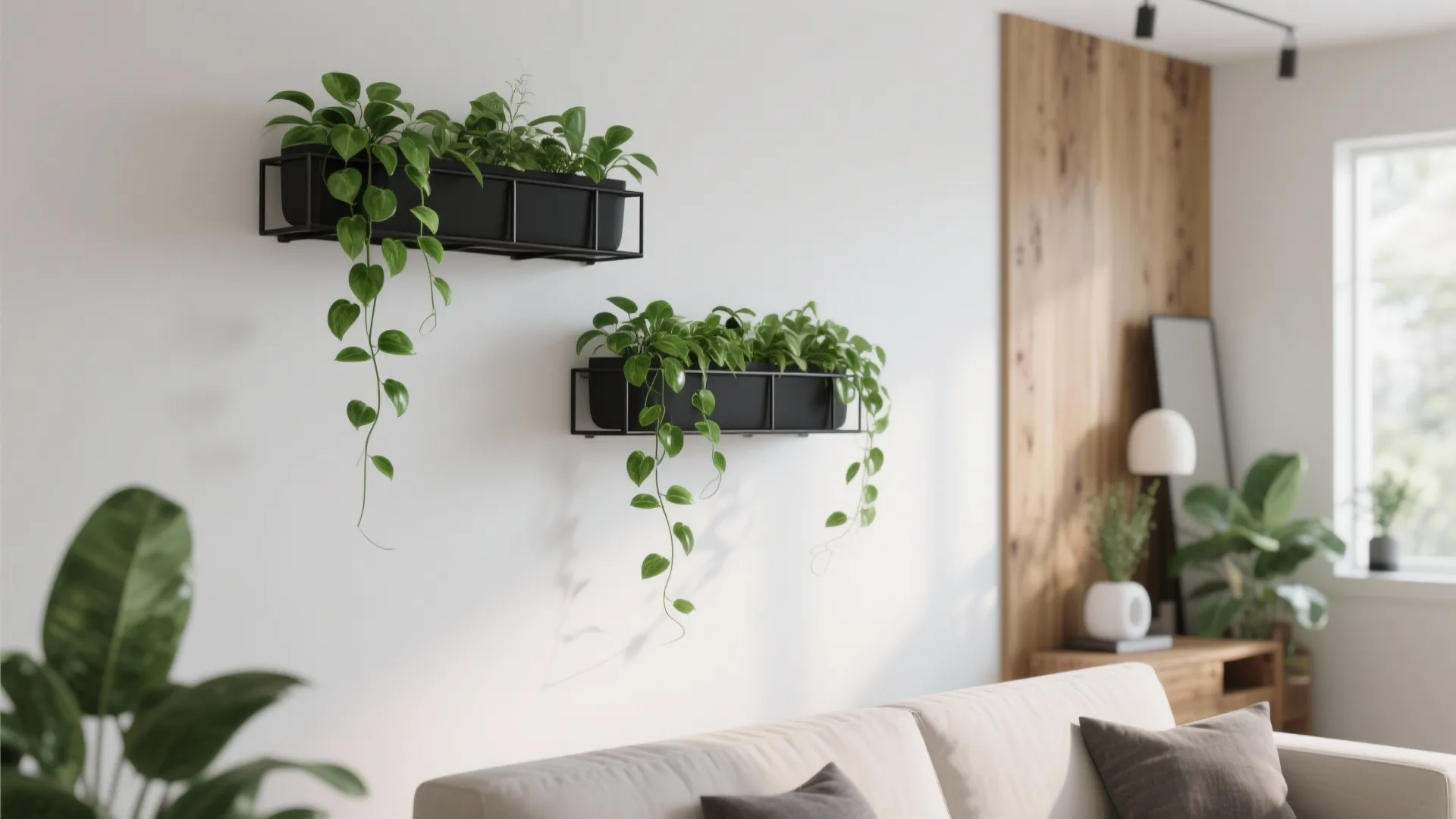 Wall-mounted planters with trailing green plants