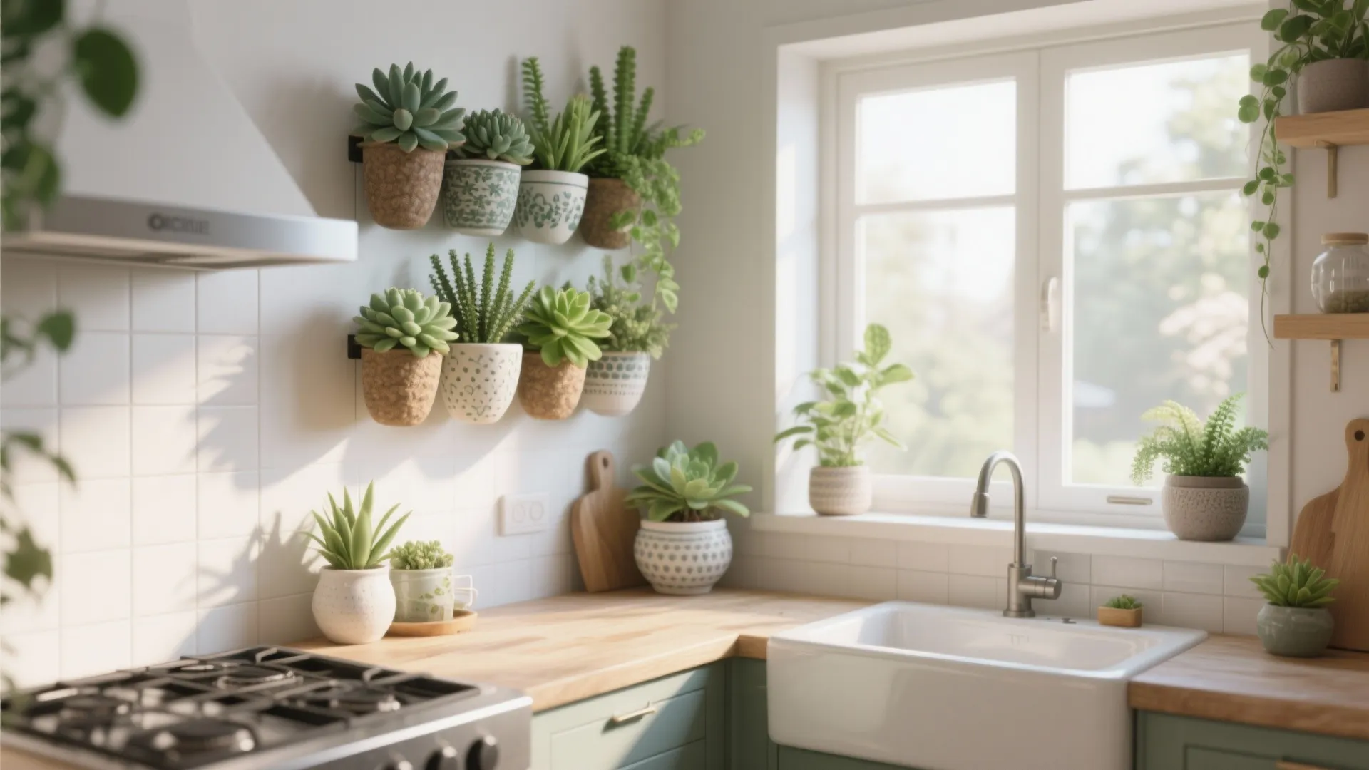 Bright kitchen interior with white wall tiles wooden countertop sink and several small potted succulents