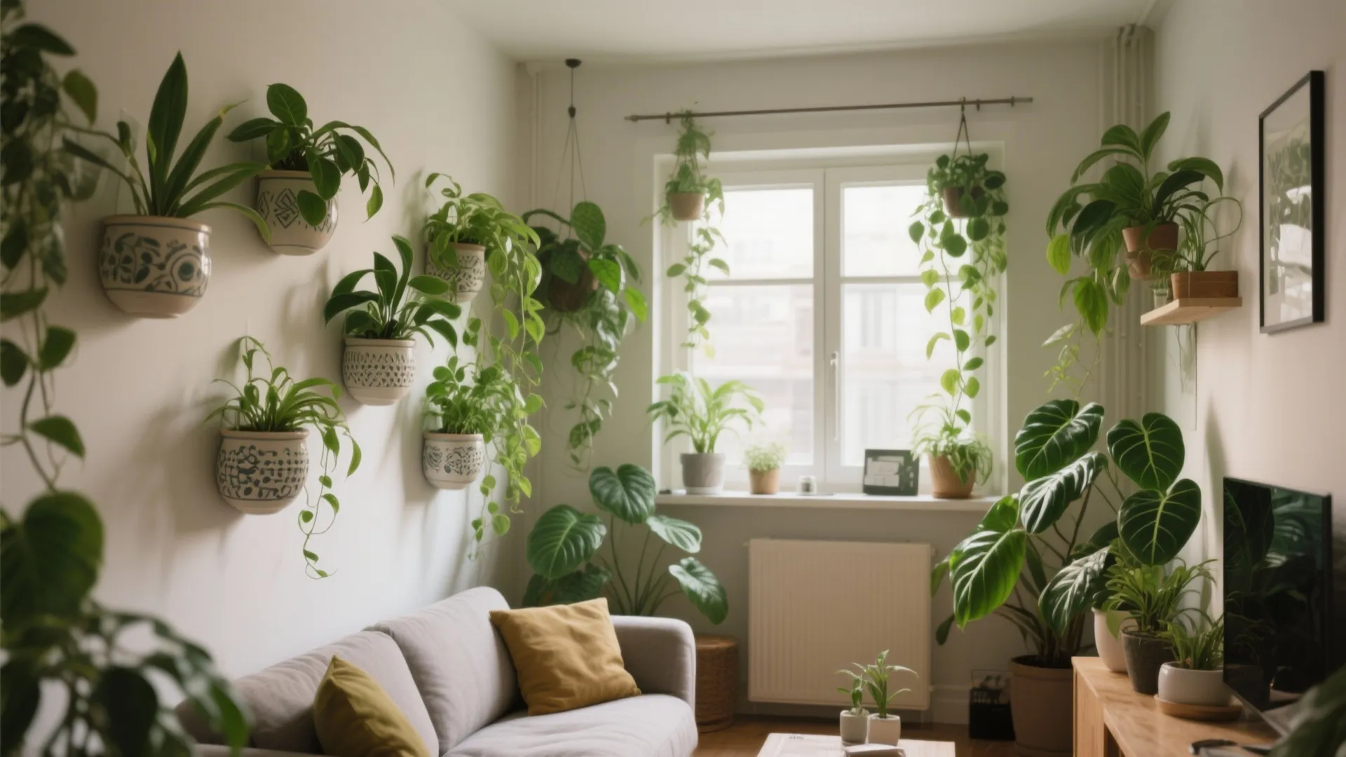 Living room filled with many green plants hanging on walls and sitting on wood furniture