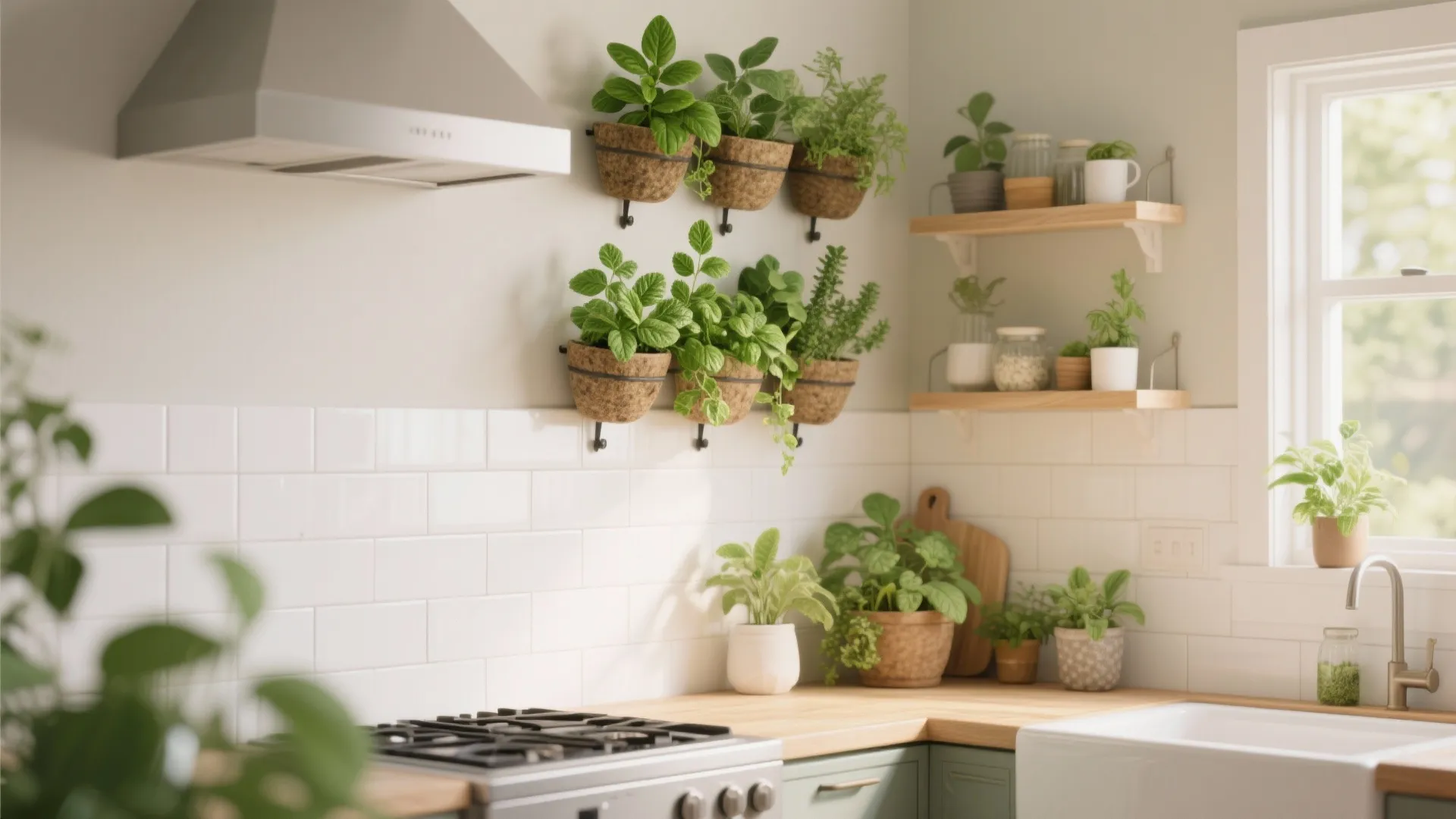 Modern kitchen with white tiles wooden countertop green plants in wall mounted pots and window