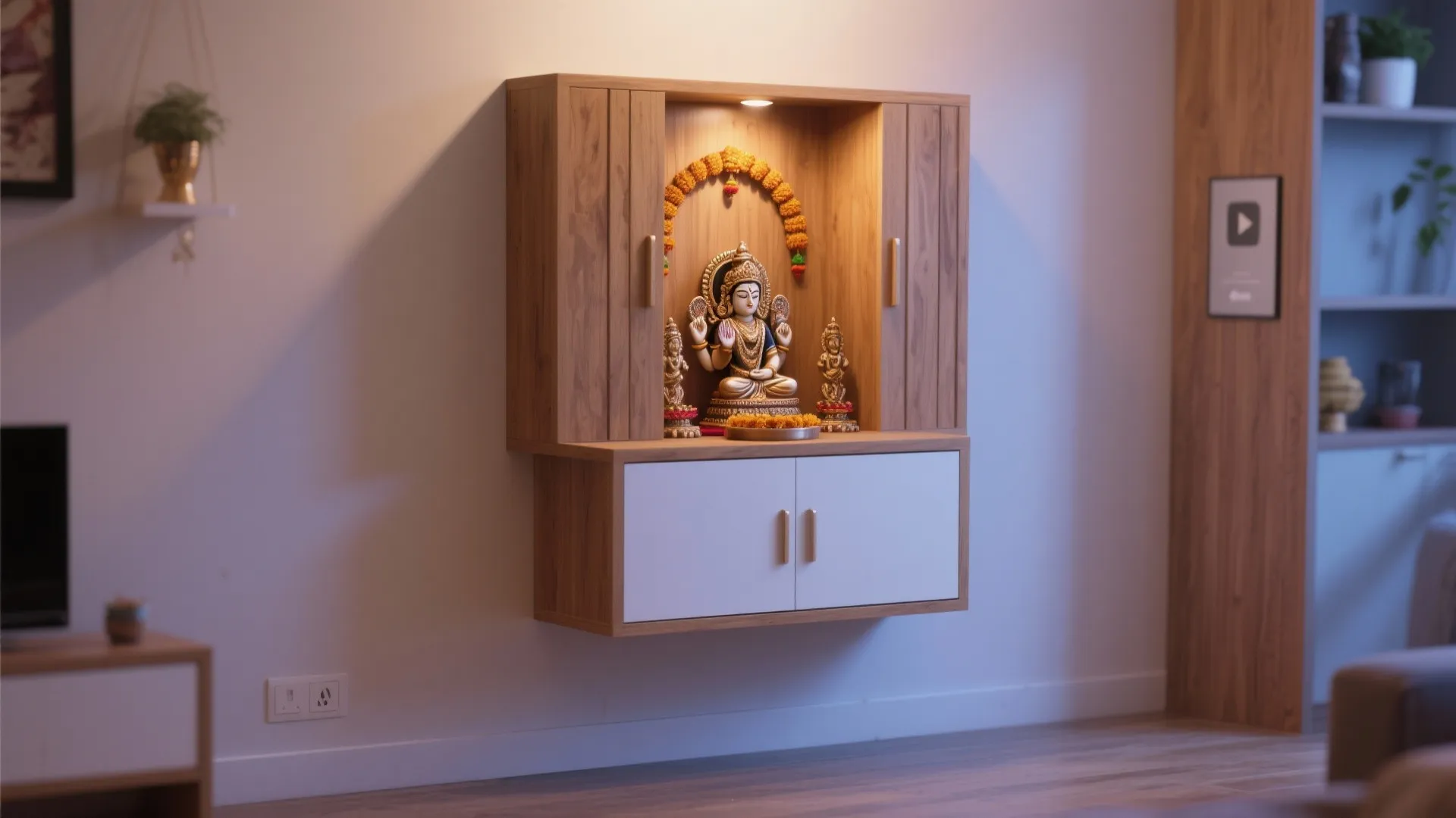 Wall mounted wooden prayer cabinet with light featuring small statues and white doors for home storage
