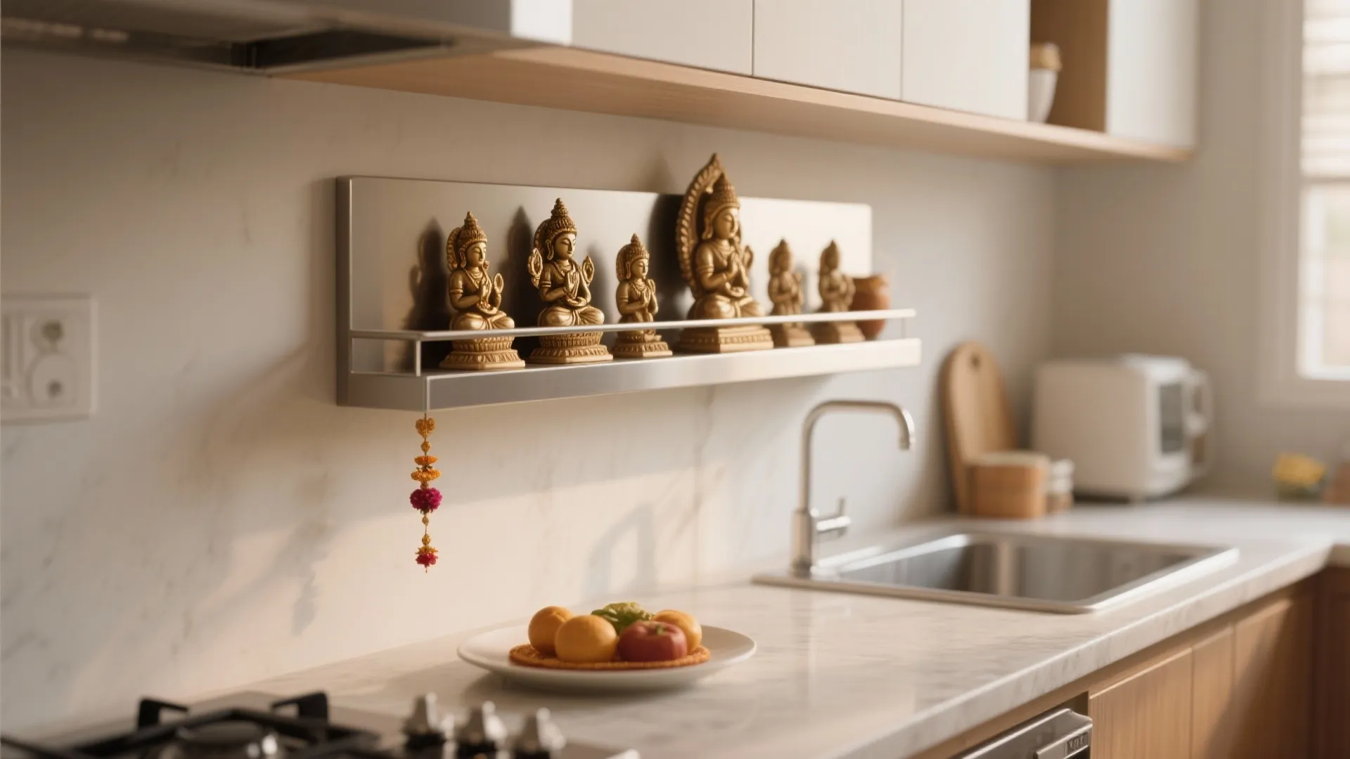 Modern kitchen with white marble wall and a metal shelf holding several small gold statues