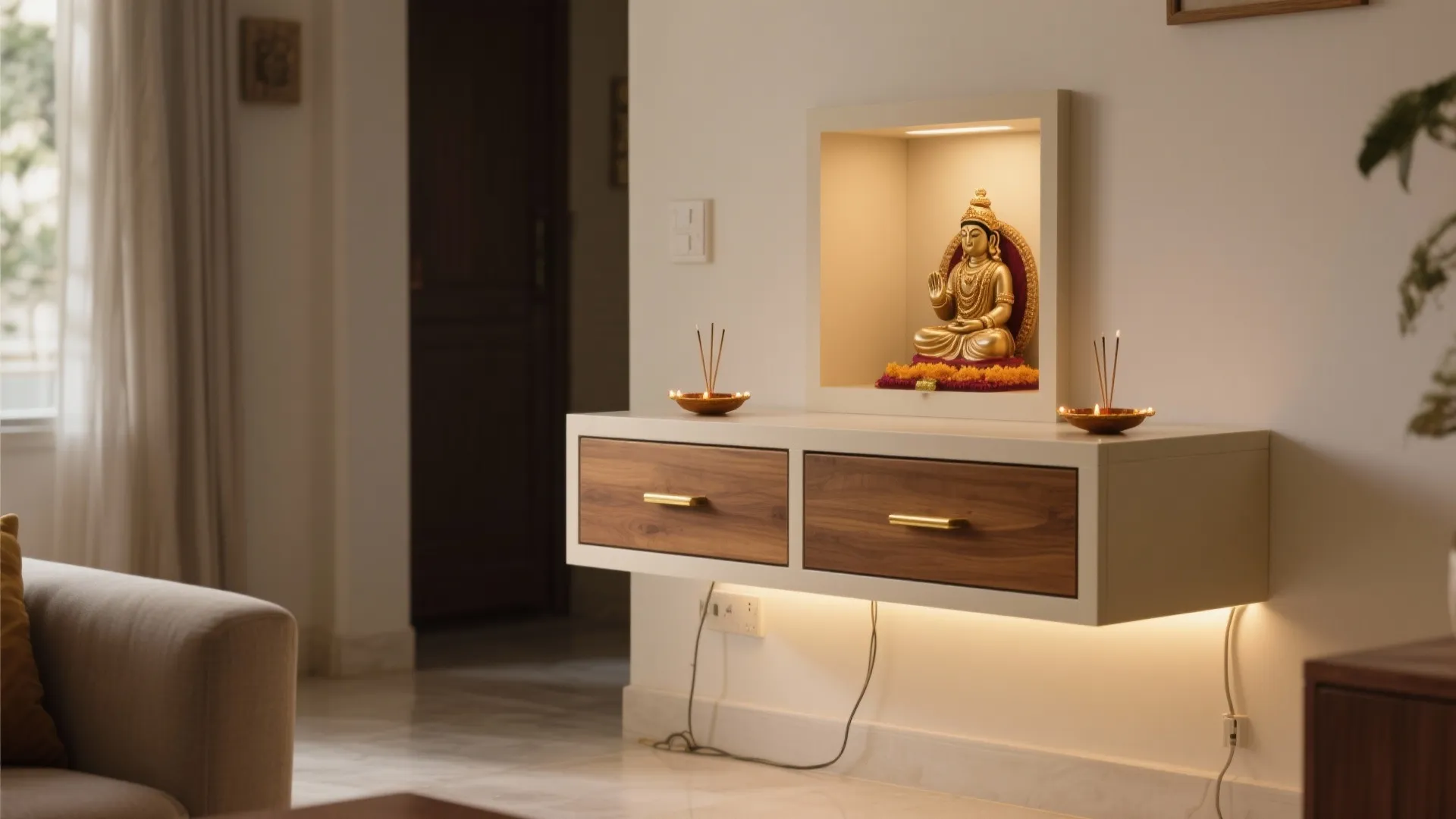 Wall-mounted pooja unit with drawers and lighting