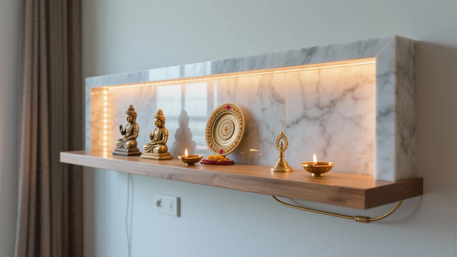 Wall mounted wooden shelf with marble back and small gold statues for a home prayer space