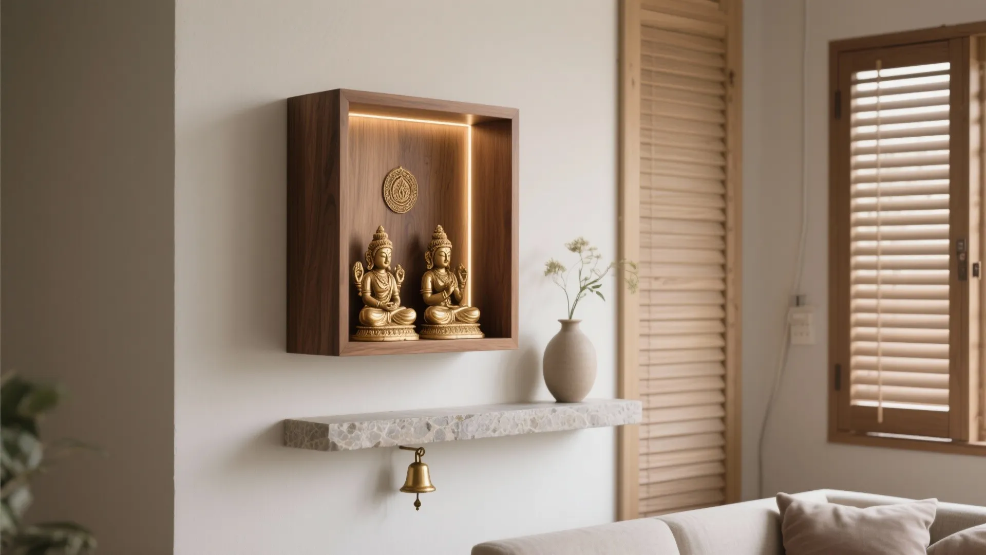 Small wall mounted wooden shrine with golden statues above marble shelf with a hanging brass bell