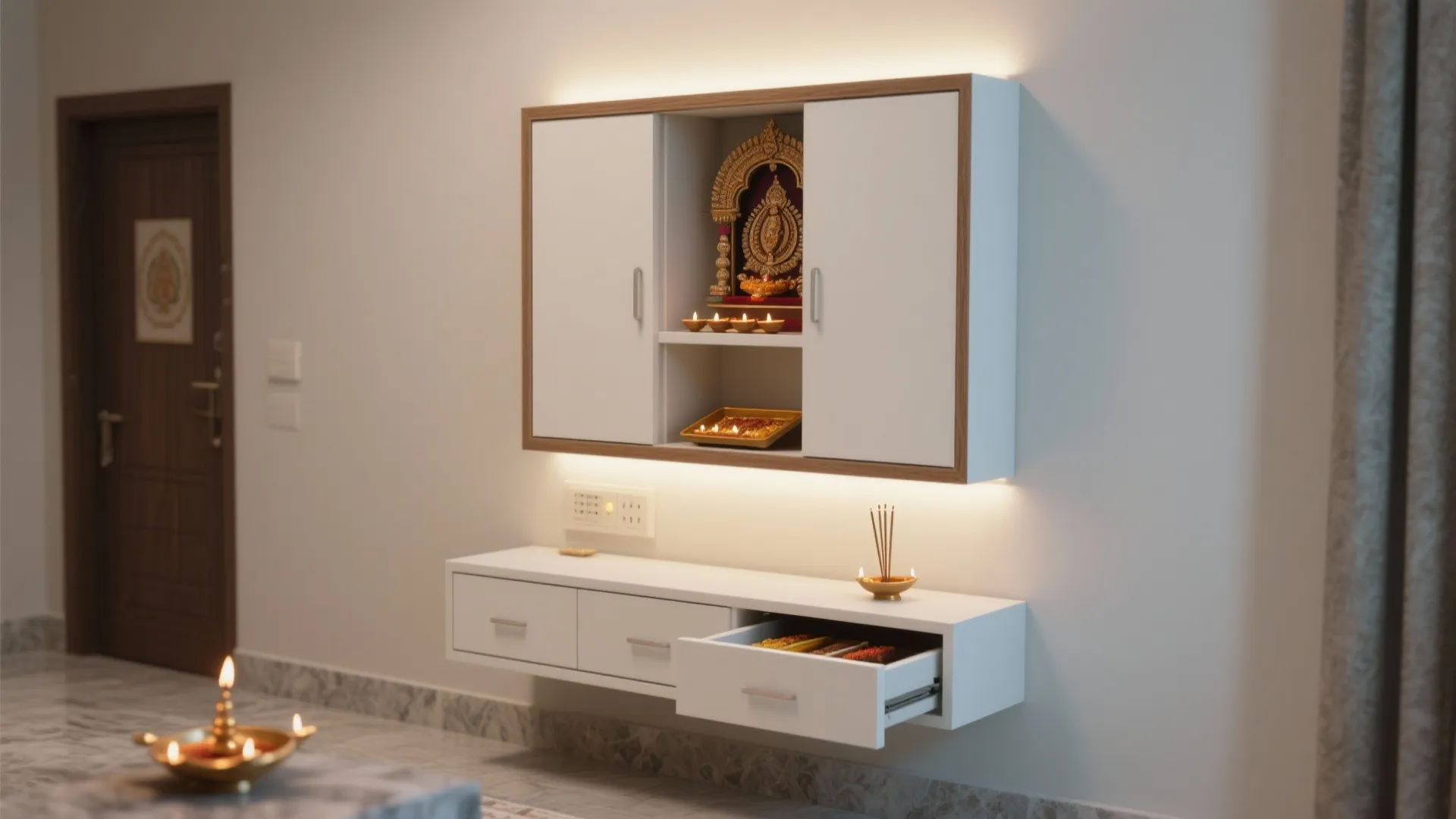 Modern white and wood wall mounted cabinet for prayer room with small candles and drawers