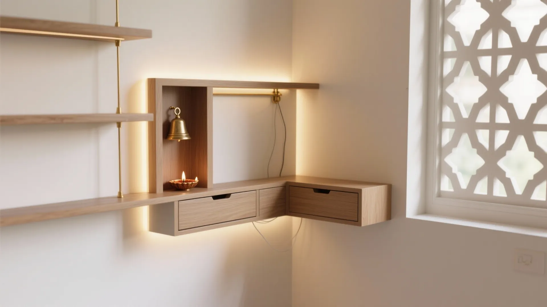 Minimal wall-mounted corner pooja unit with slim shelves and warm backlighting.