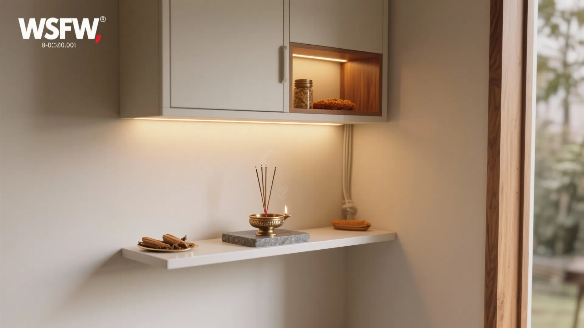 Modern white floating shelf with incense burner and hanging wall cabinet with warm light fixture