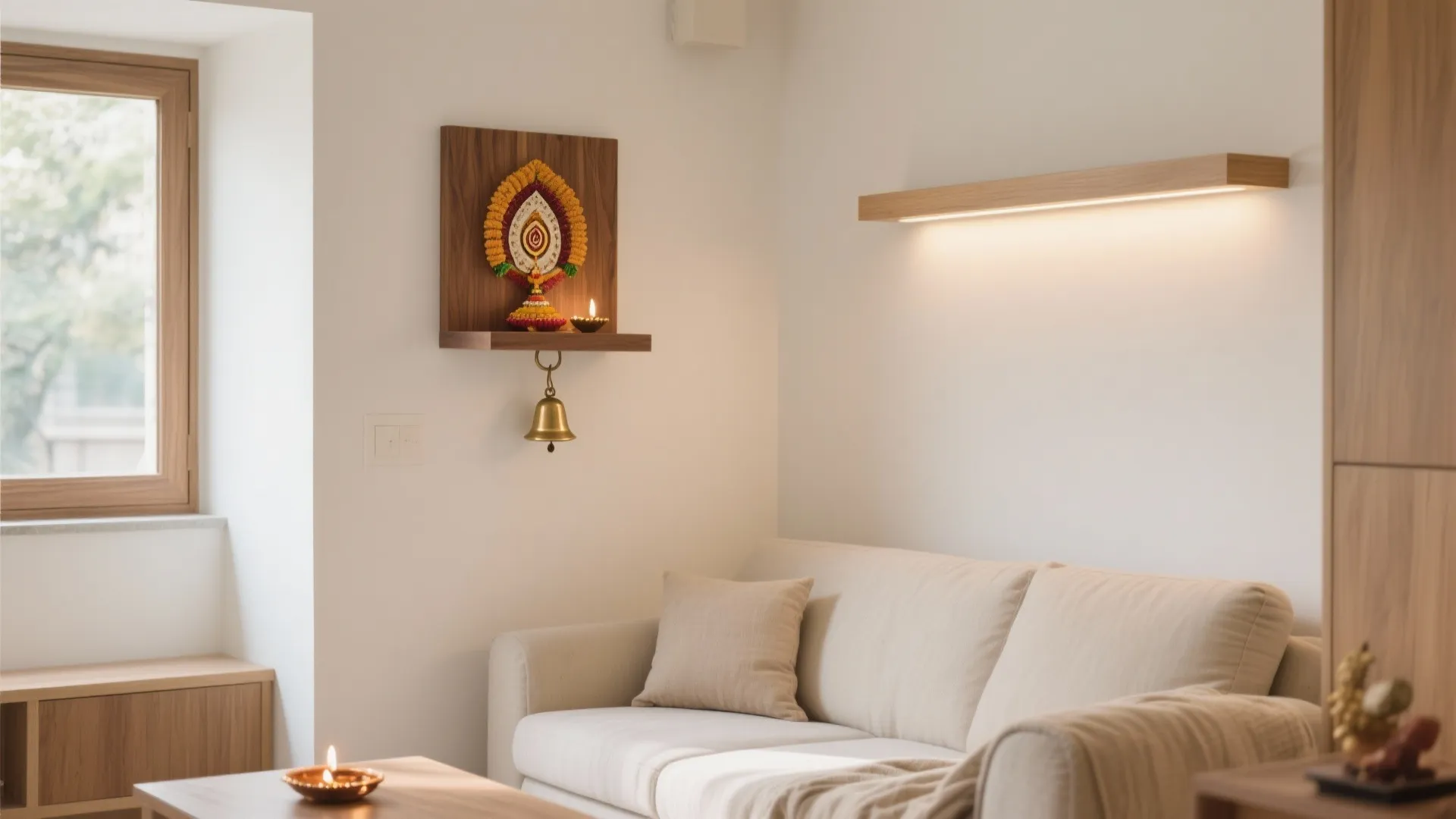 Warm Wood Wall-Mounted Pooja Shelf