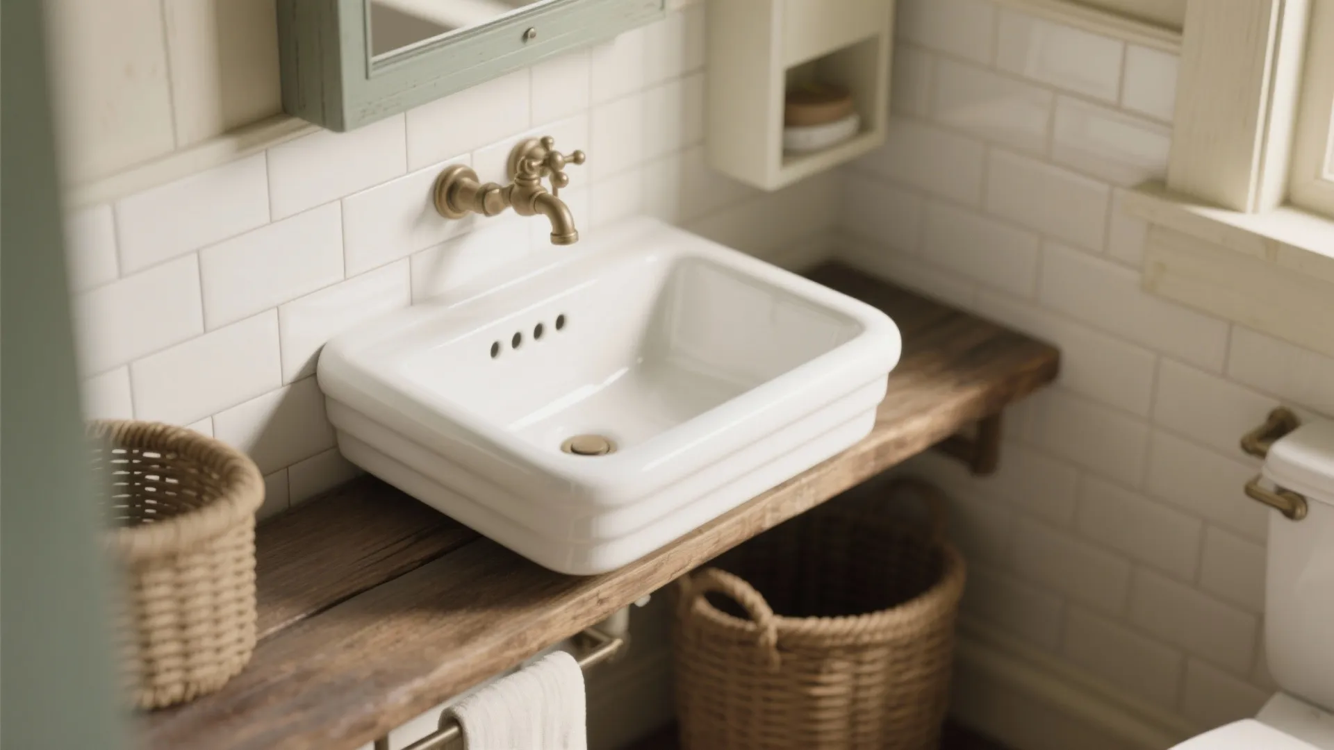 White bathroom sink on wood shelf with gold wall light fixture and white wall tiles