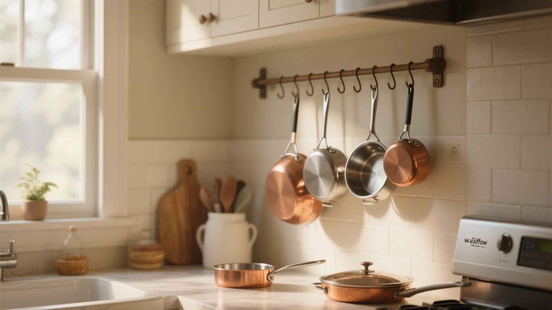 Copper and silver cooking pots hanging on a wall rack above a white tiled surface