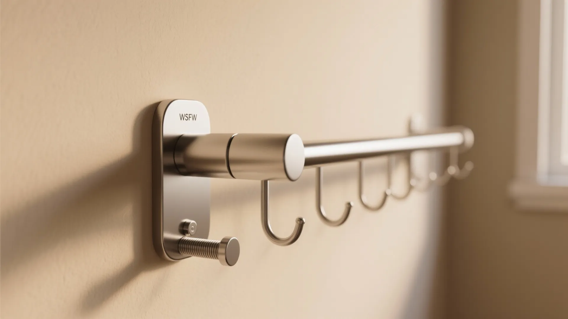 Close up of a metal wall mounted hanging rod with hooks for clothes and towels