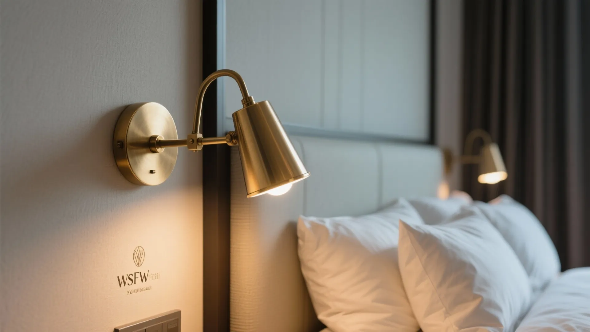 Modern gold wall light mounted on a grey wall next to white pillows and headboard