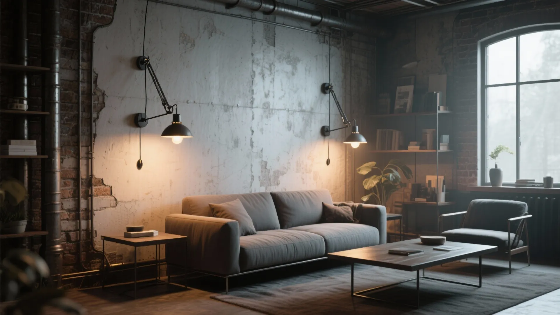 Industrial living room with brick wall, two black wall lights, grey sofa, and wooden table