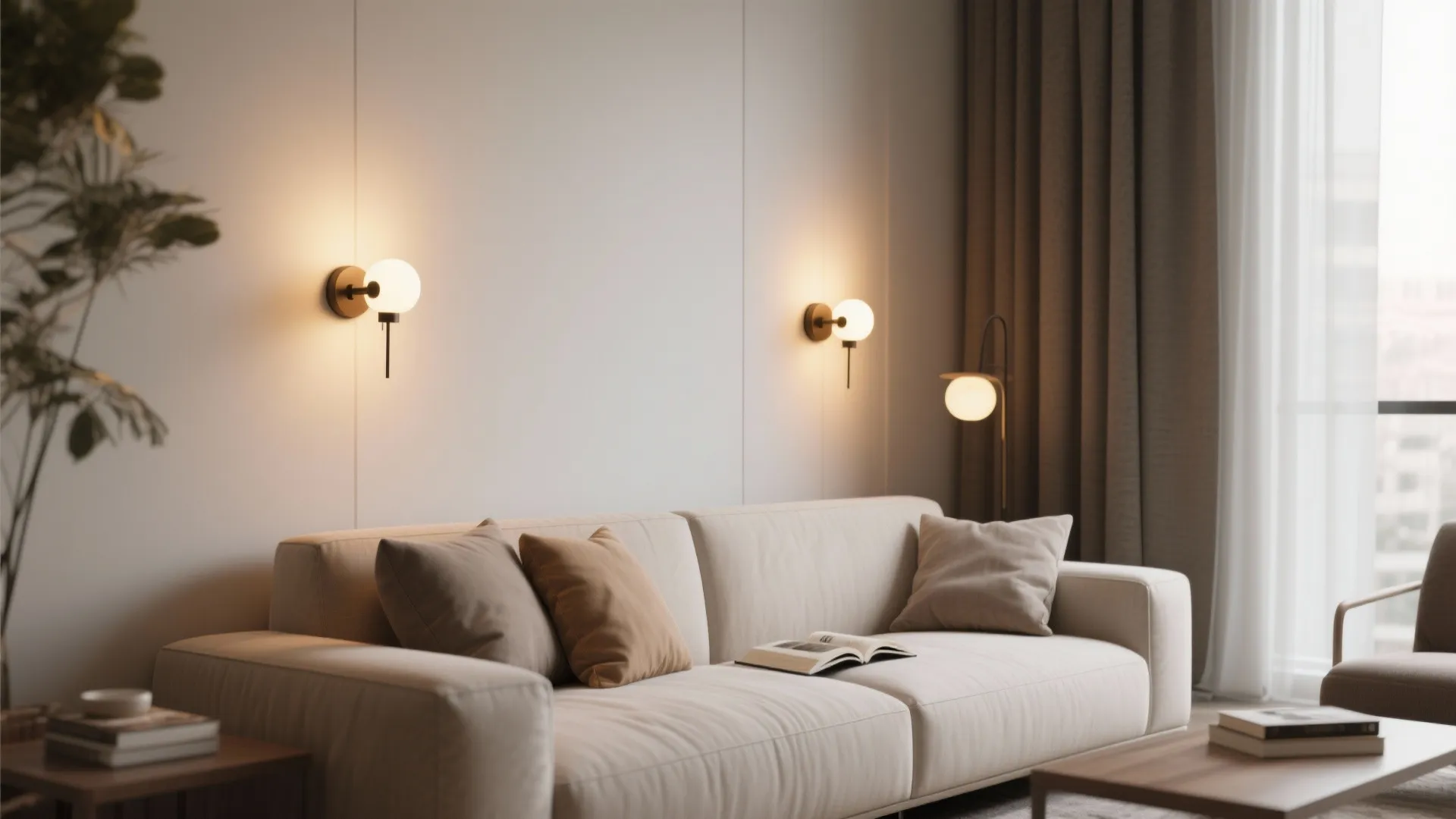 Modern living room with white sofa two round wall lights brown curtain and wooden table