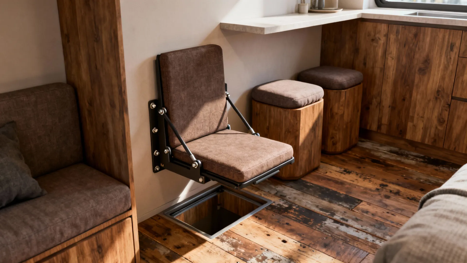 Wall-mounted flip-down seat and floating shelf with stools tucked under in a compact living room