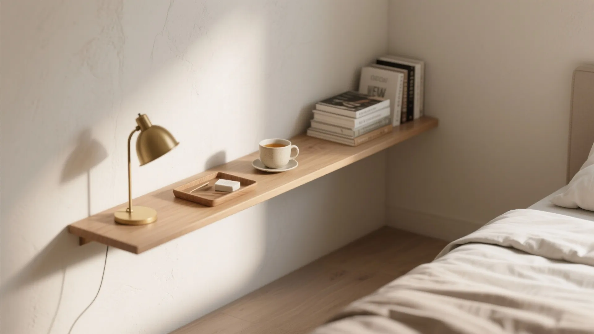 Long wooden wall shelf holding a gold lamp and books next to a white bed