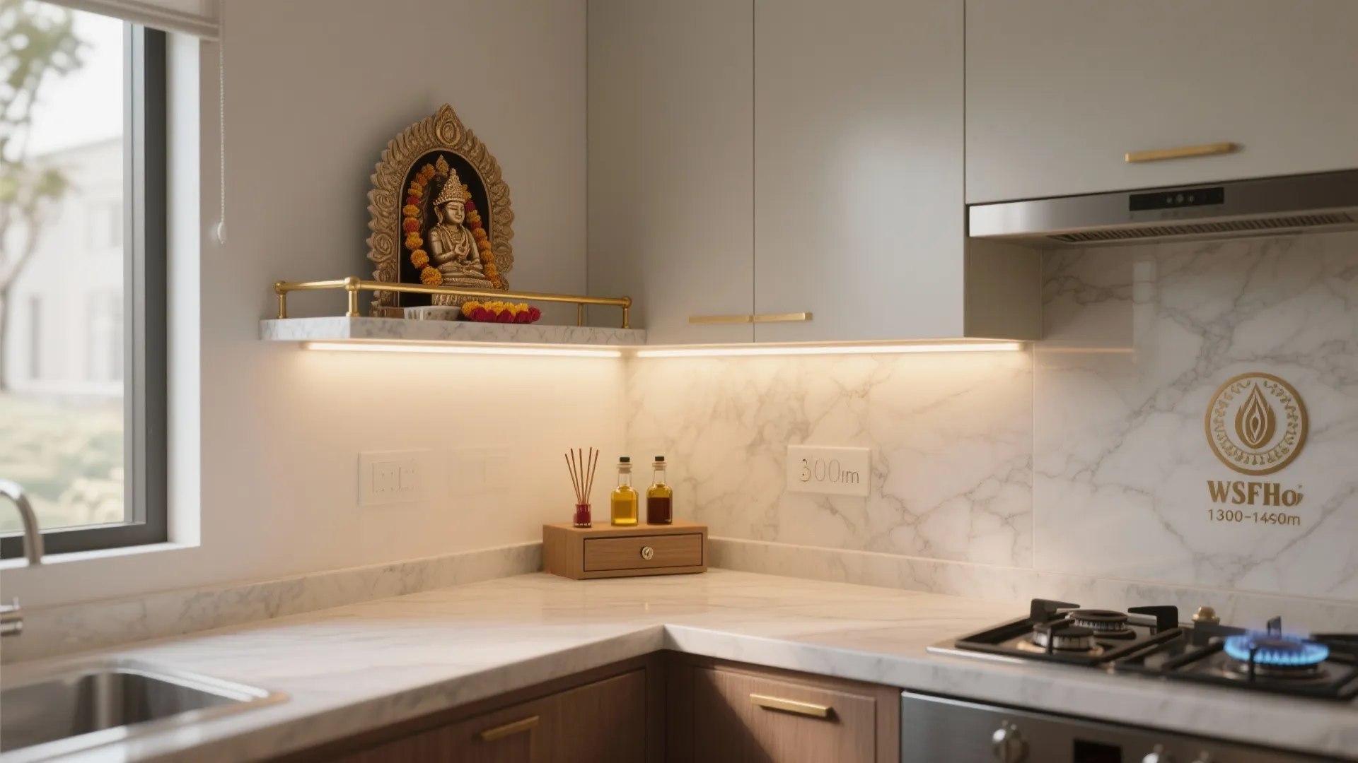 Wall-mounted pooja shelf above a kitchen counter with brass rail, quartz backer, and warm task lighting.