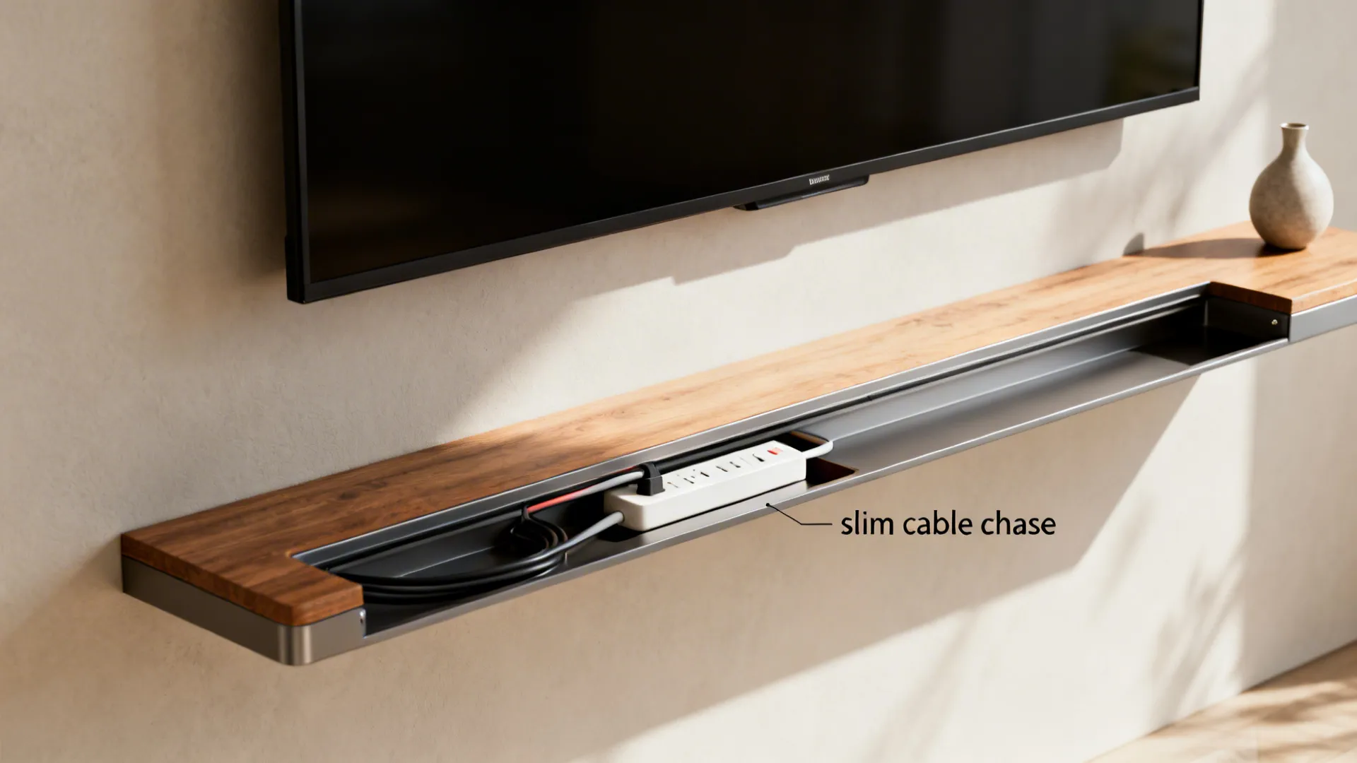 Slim wall-mounted TV shelf with concealed cable channel and labeled power strip tucked neatly inside.
