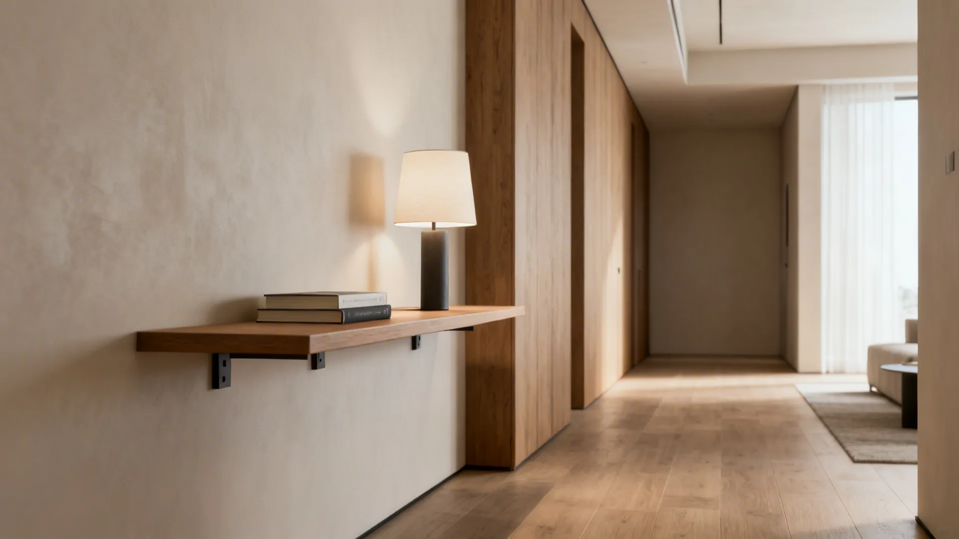 Wall-mounted narrow shelf-table holding a lamp and books, freeing floor space