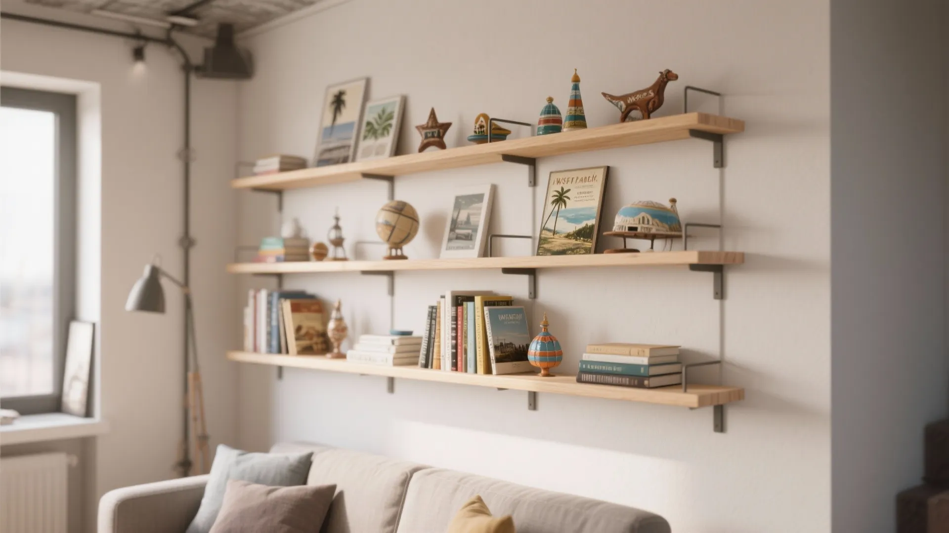 Wooden wall shelves above a sofa displaying books pictures and small decorative items in home