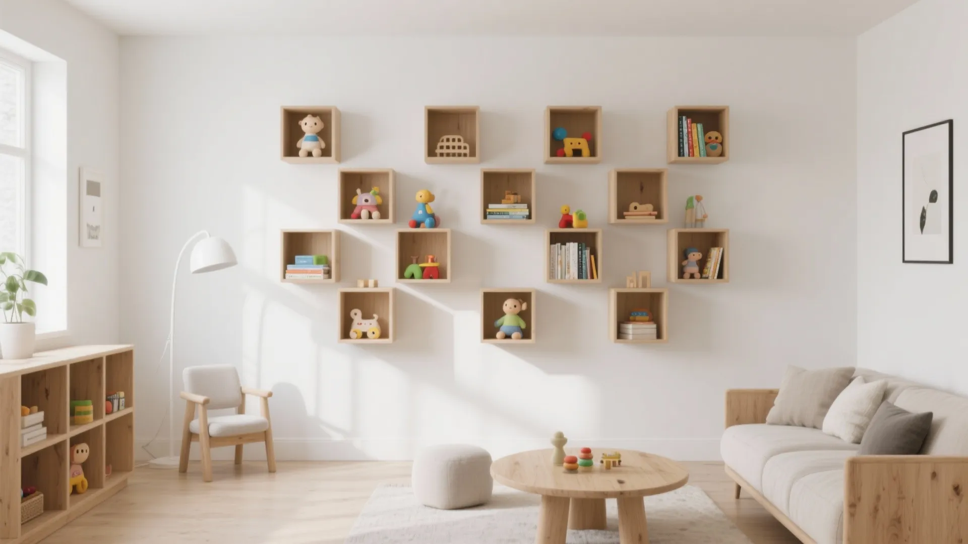 Wall-mounted shelves with children's toys in a Scandinavian living room