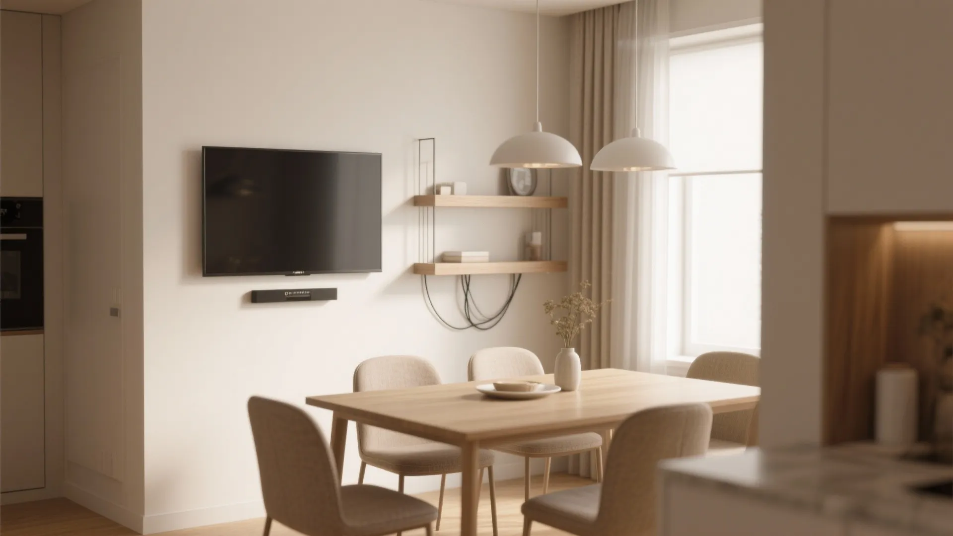 1. Wall-Mounted TV with Slim Shelving