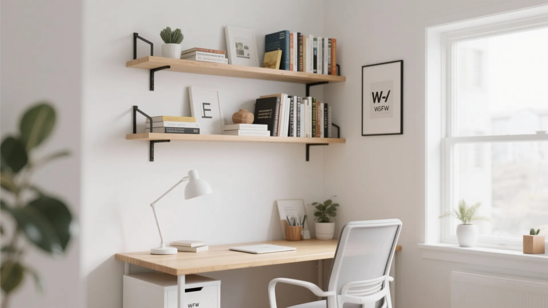 Wall-mounted shelving over desk in a bright small office