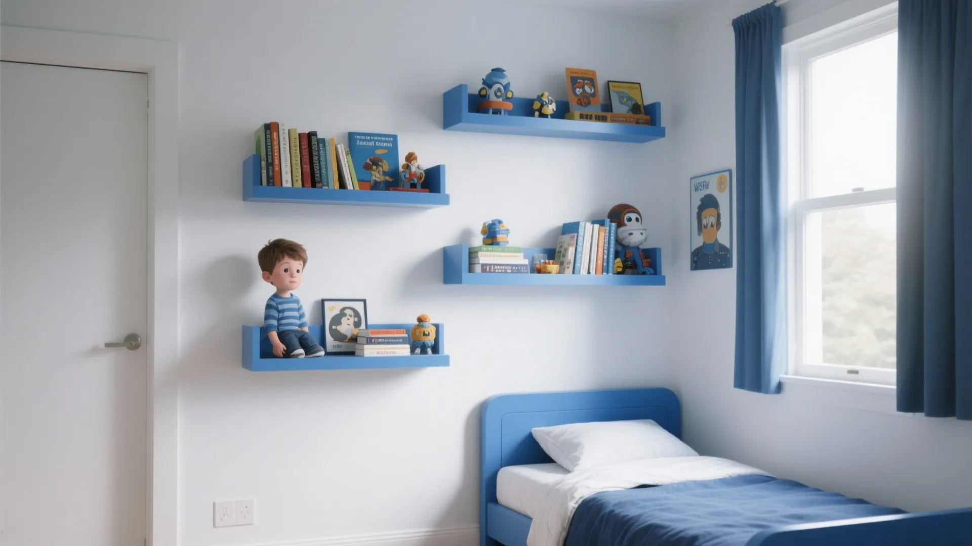 Small boys’ bedroom with floating shelves for books and toys