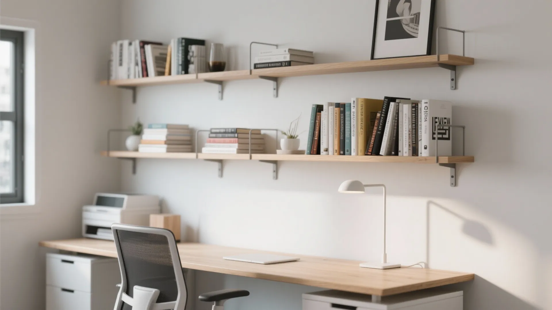 Modern workspace featuring wooden wall shelves with books, white table lamp, and ergonomic office chair