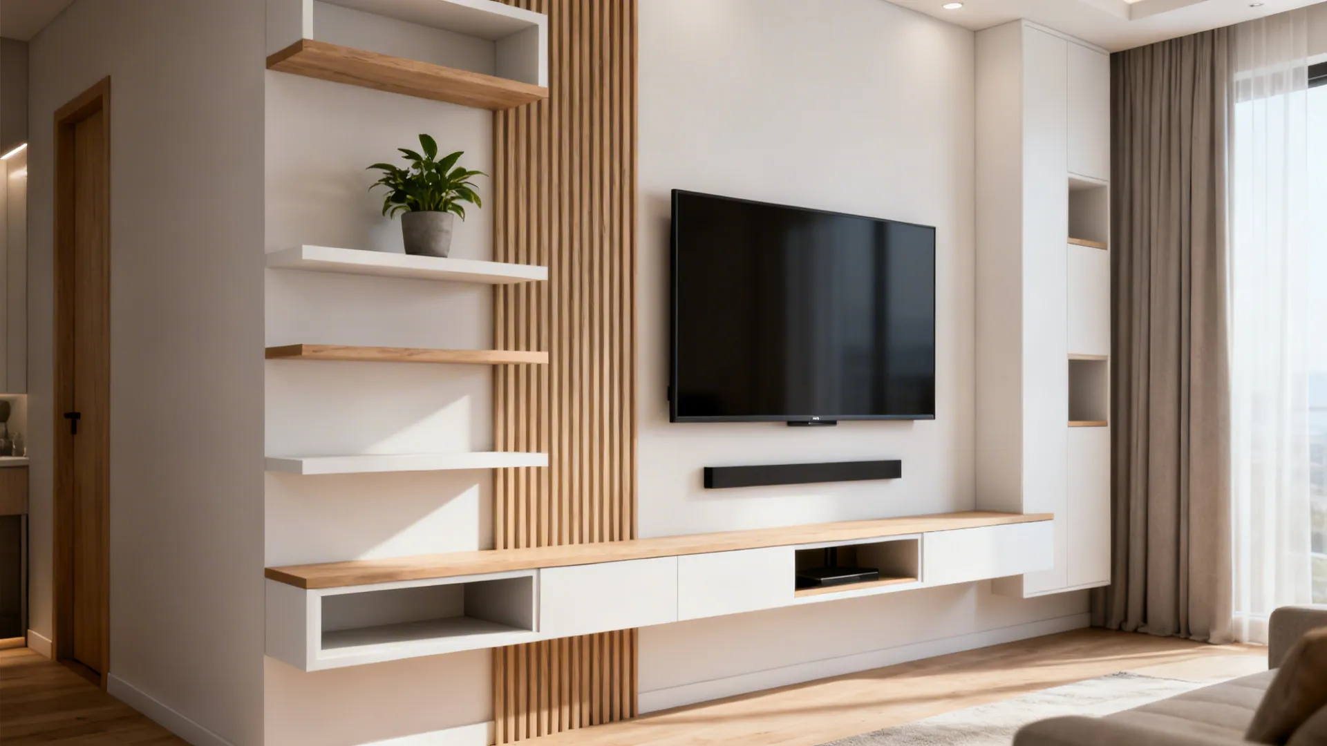 Staggered floating shelves and slim wall-mounted TV unit in a small living room.