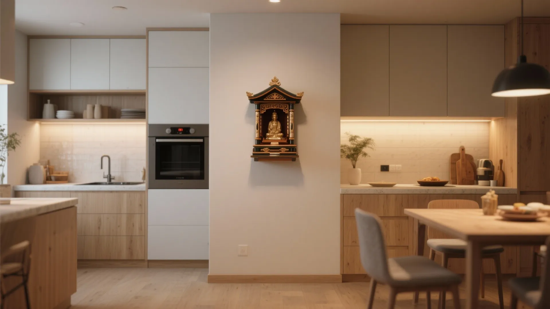 Modern white kitchen with a small wall mounted wooden shrine near the oven and sink