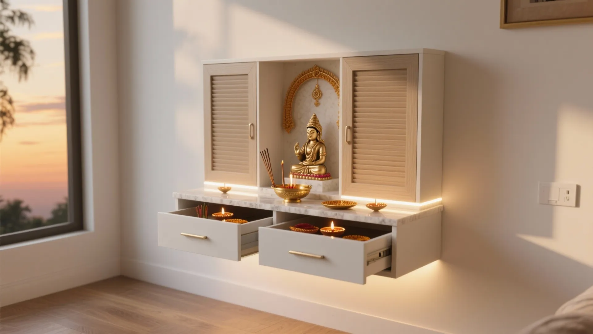 Minimal Wall-Mounted Shrine with Hidden Drawers