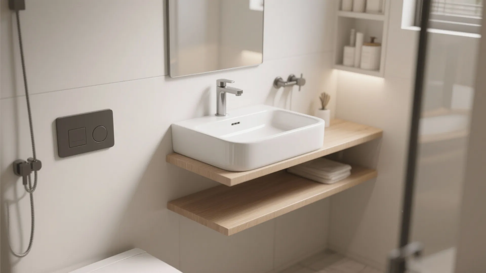 Modern white bathroom sink on wooden shelves with a mirror and grey wall flush buttons