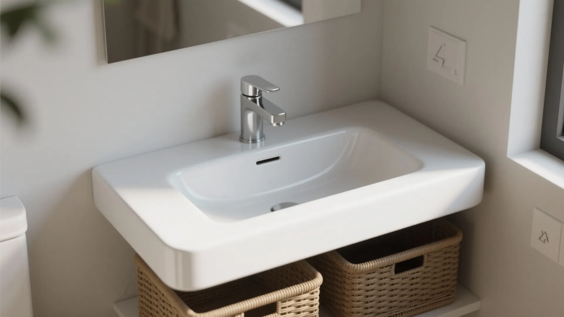 Modern white wall mounted sink with chrome tap and woven storage baskets underneath in small bathroom
