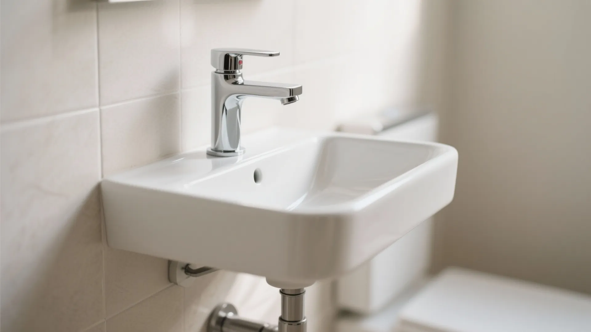 Close up view of a white ceramic wall mounted sink with chrome tap and tiles