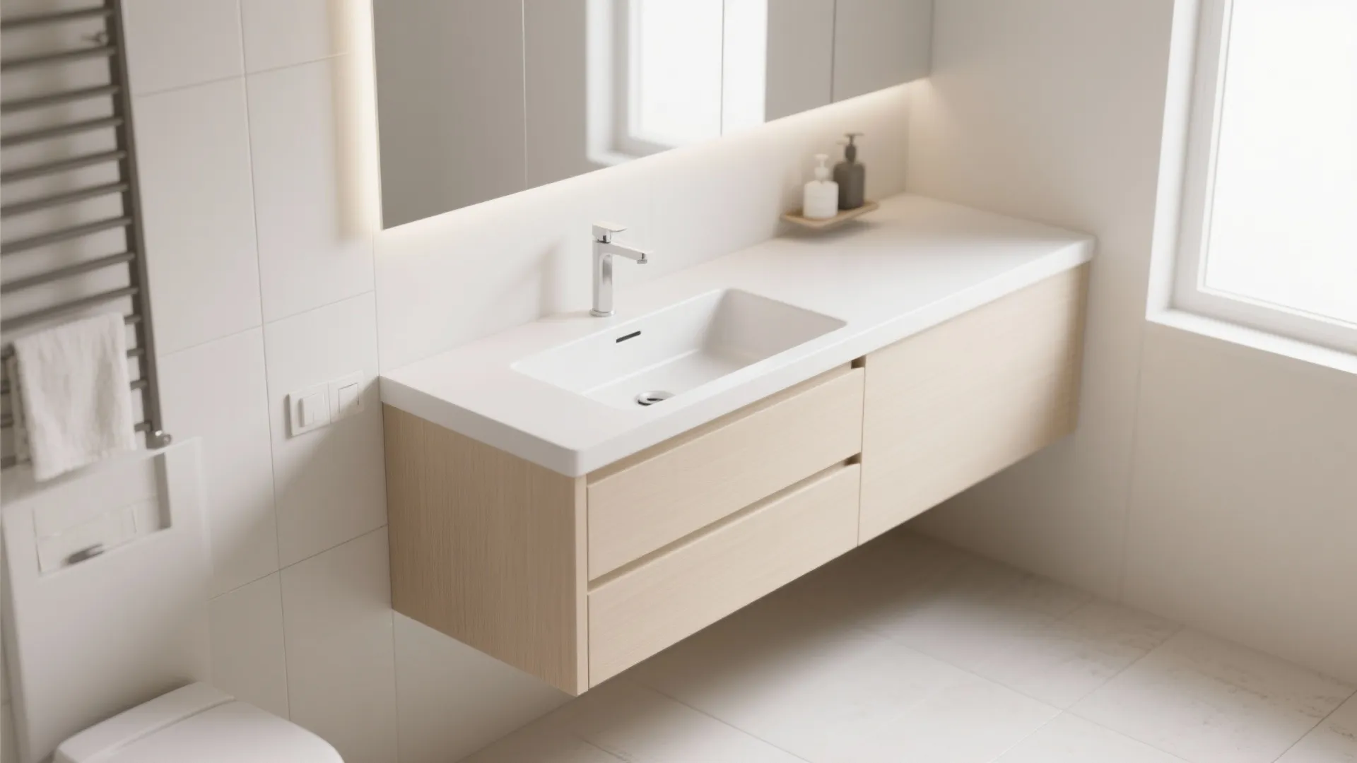 Light wood wall cabinet with white sink and metal faucet next to a large mirror