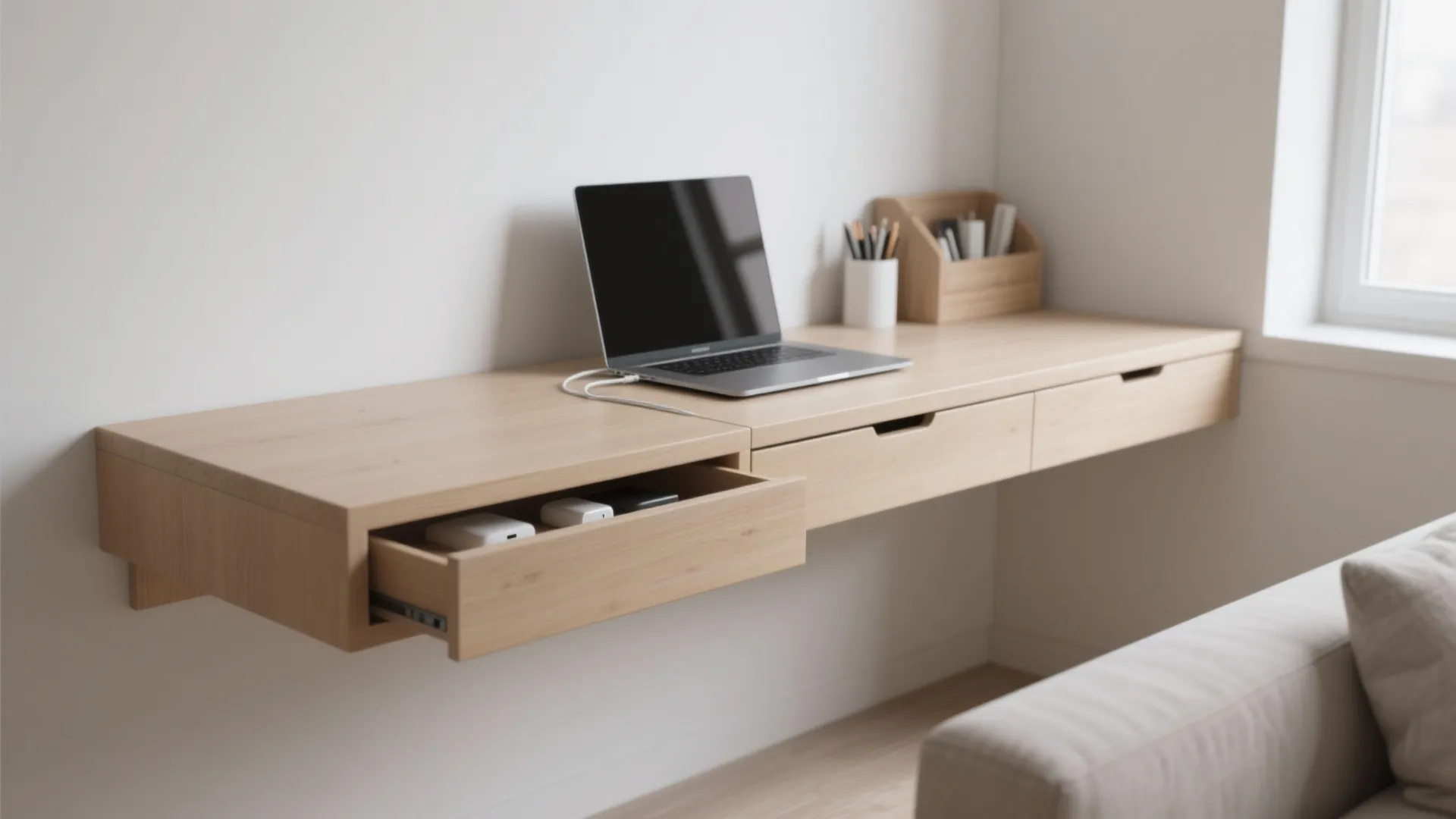 Slim wall-mounted desk with hidden drawers