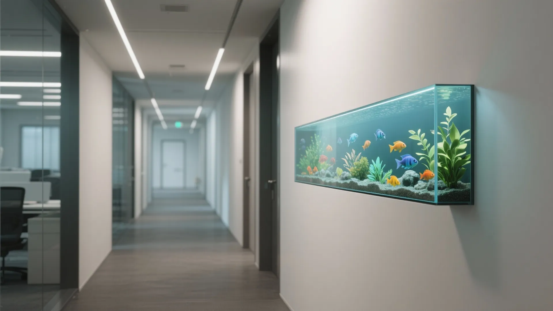 Long slim fish tank mounted on a white office hallway wall with bright ceiling lights