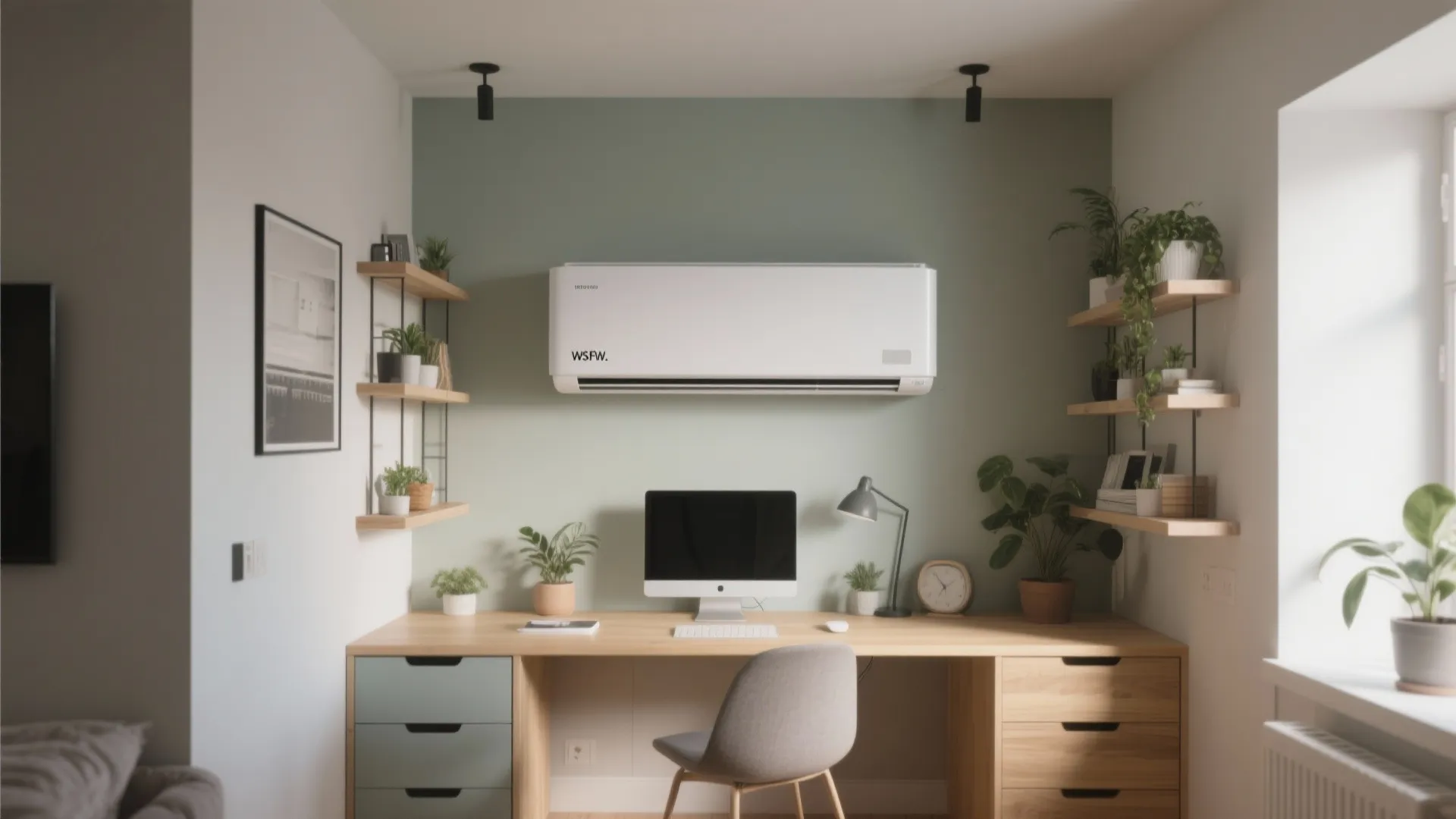 Compact urban workspace with a wall-mounted slim cooler