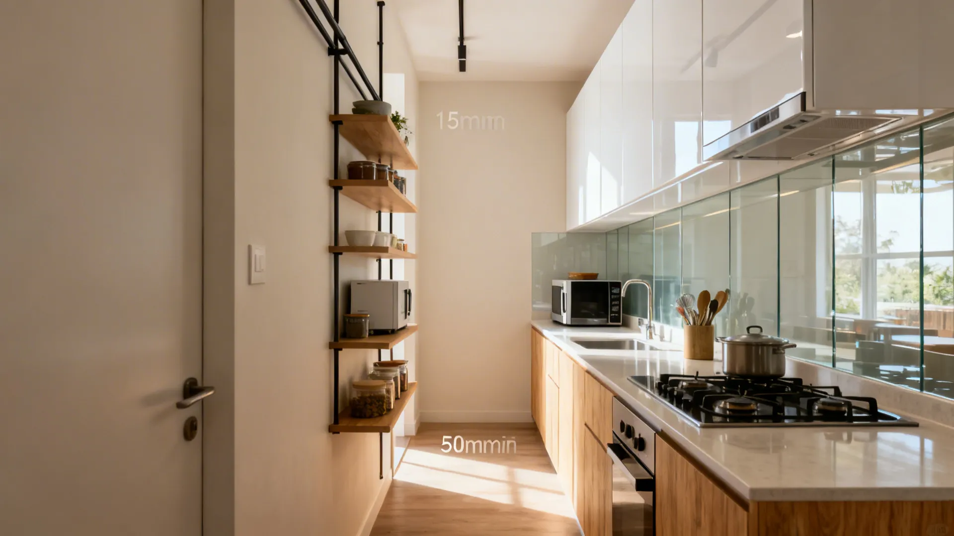 Narrow Indian kitchen with 450 mm counter, floating shelves, and rail storage maintaining a clear walkway.