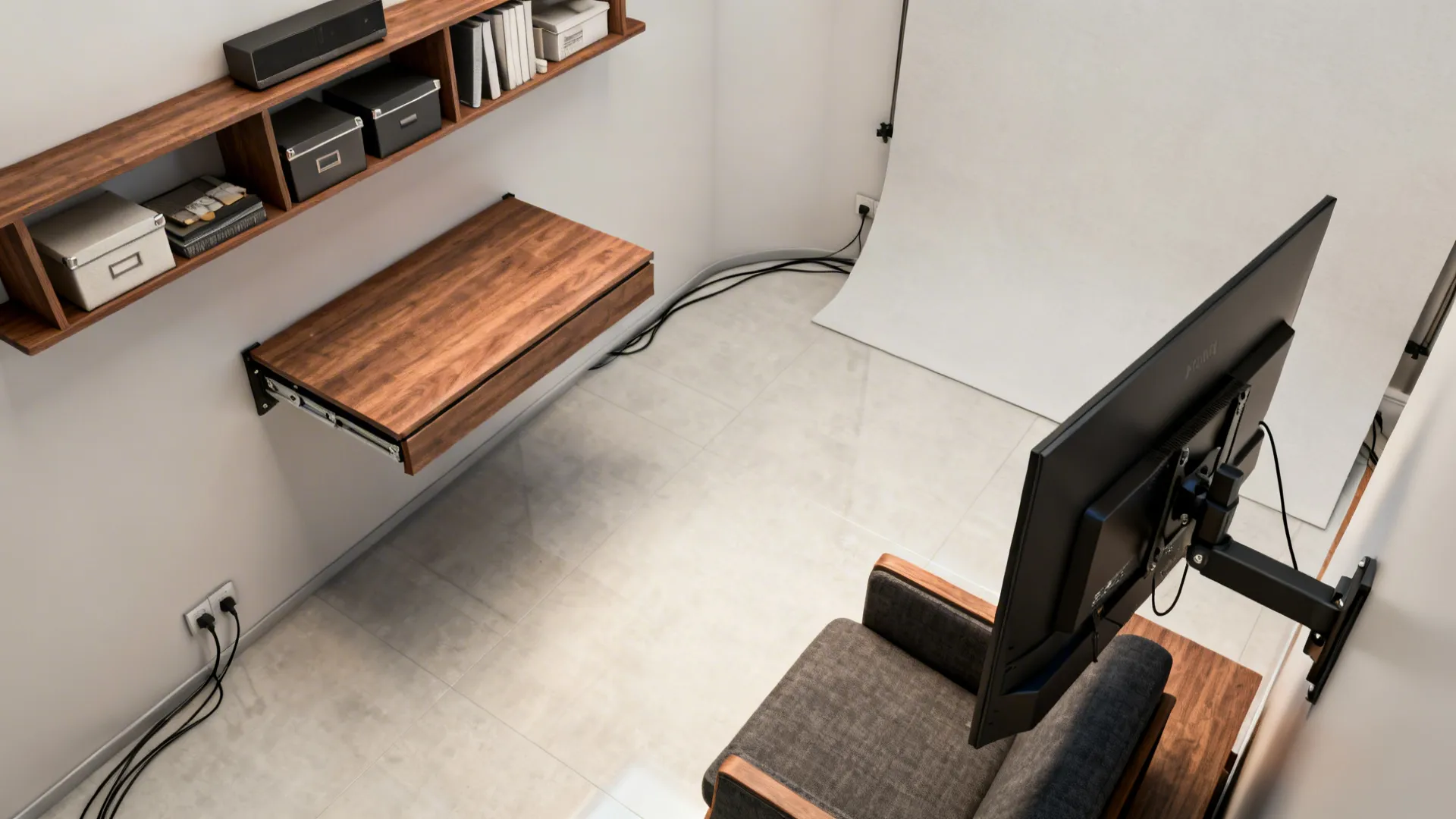 Wall mounted wooden folding desk and shelf with boxes near a monitor in small office