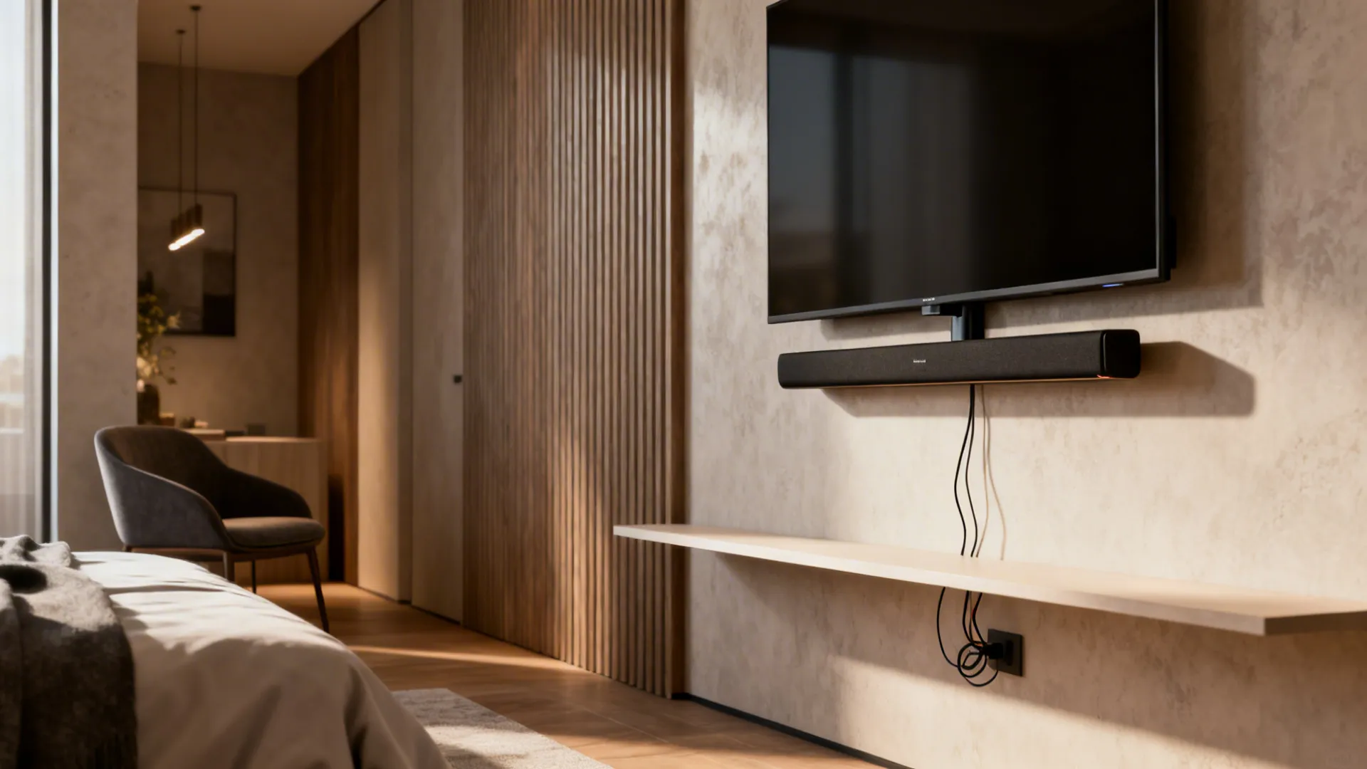 Narrow room with a low-profile soundbar wall-mounted directly below a TV, angled slightly for ear level