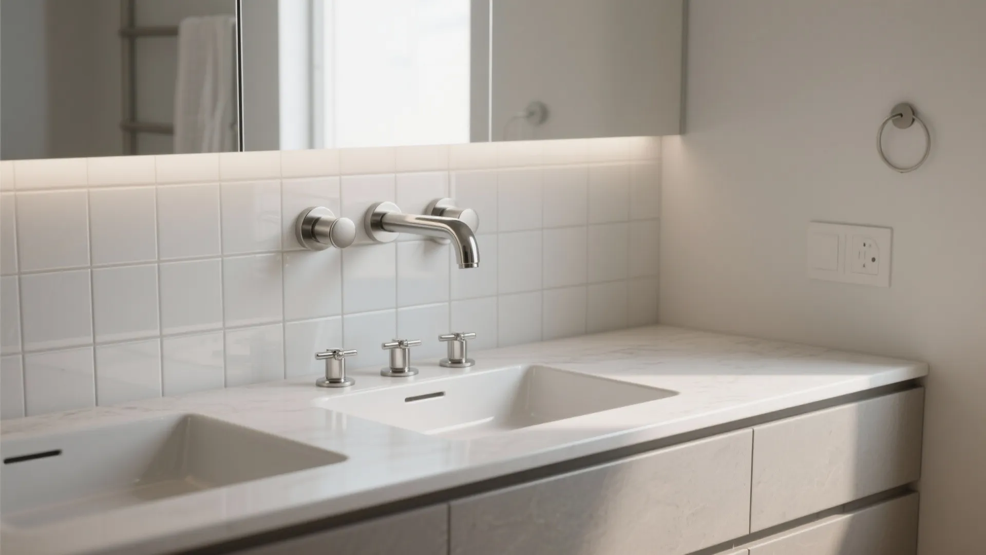Modern bathroom with wall mounted silver tap white tiles marble counter and large mirror above sink